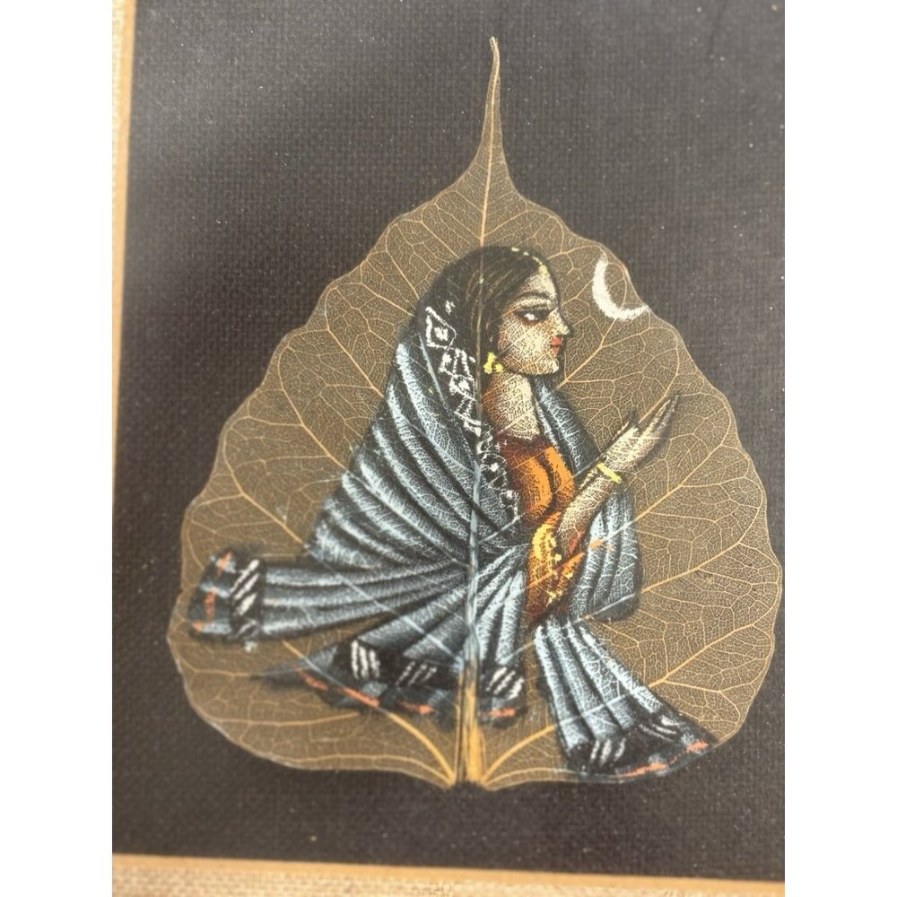 Vintage Peepal Leaf Painting Handpainted Indian Woman Crescent Moon Wood Framed